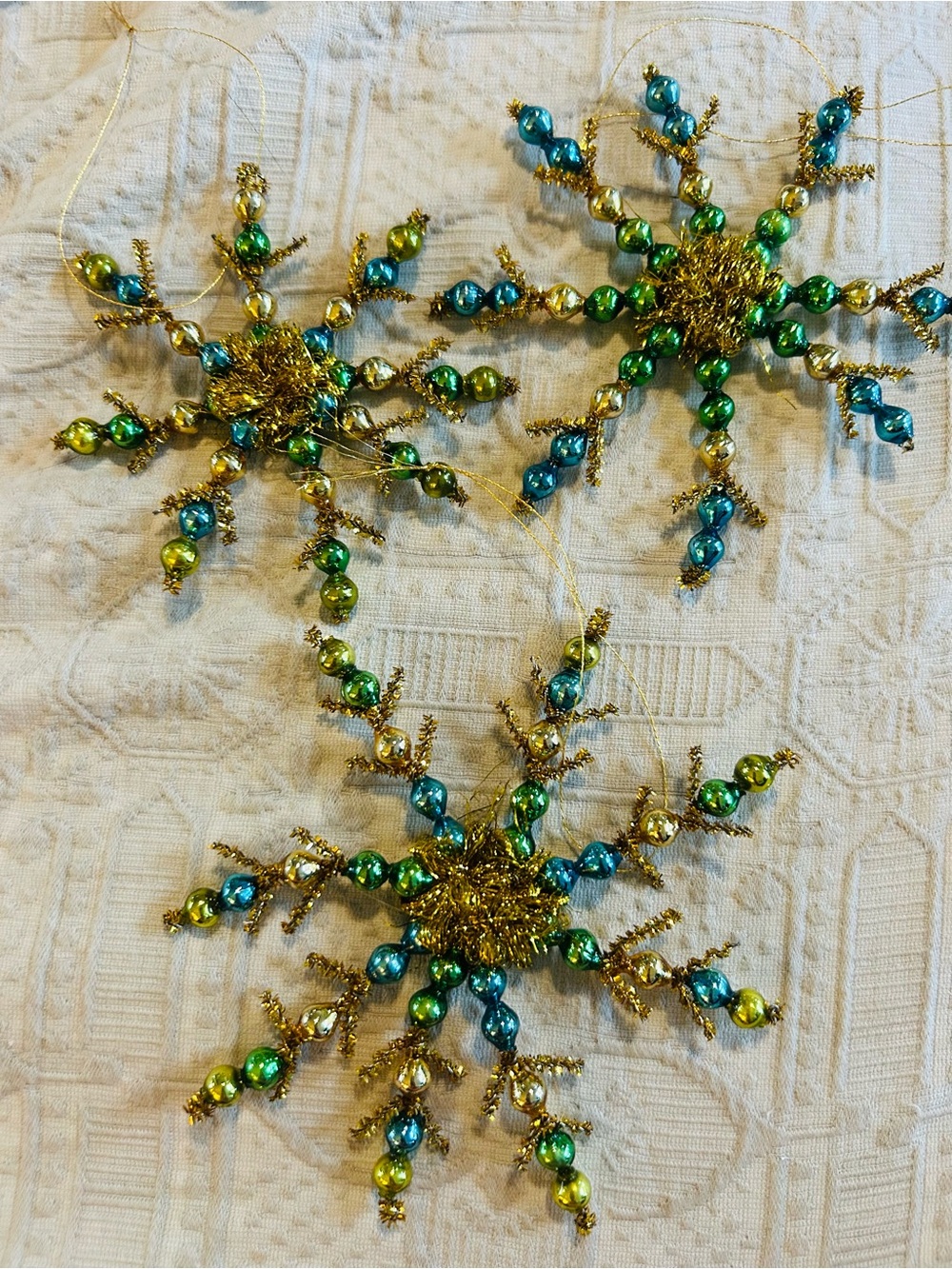 3 Vintage repurposed holiday Christmas glass garland bead snow flake ornaments